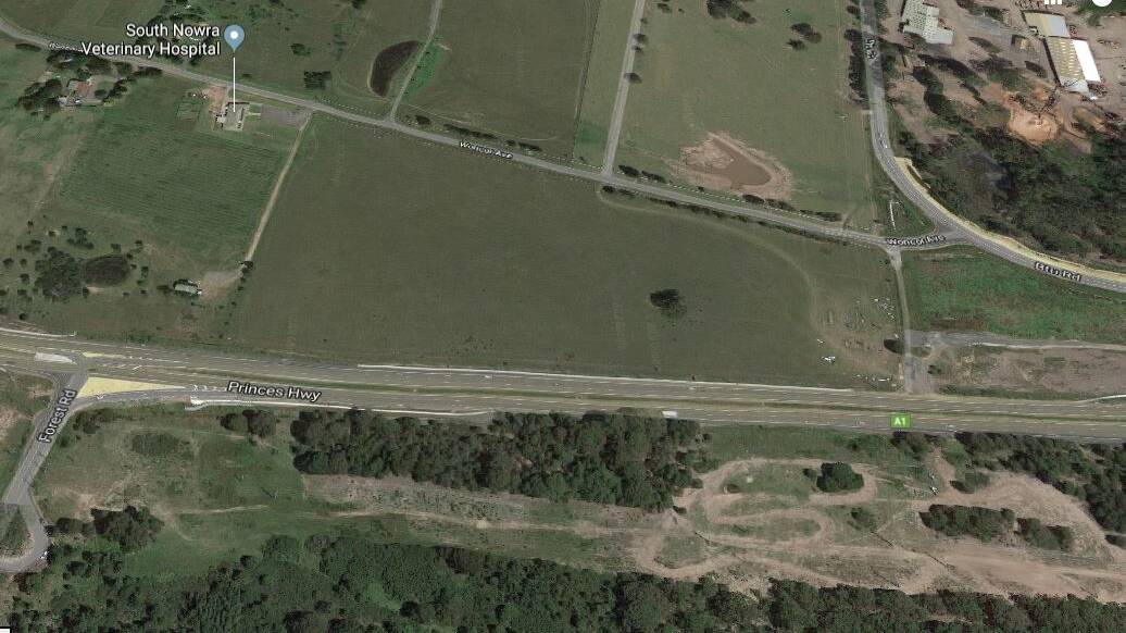 Mr Hancock has suggested land at the corner of BTU/Forest roads and the Princes Highway, South Nowra could be a new greenfield site for Shoalhaven District Hospital. Image Google Maps