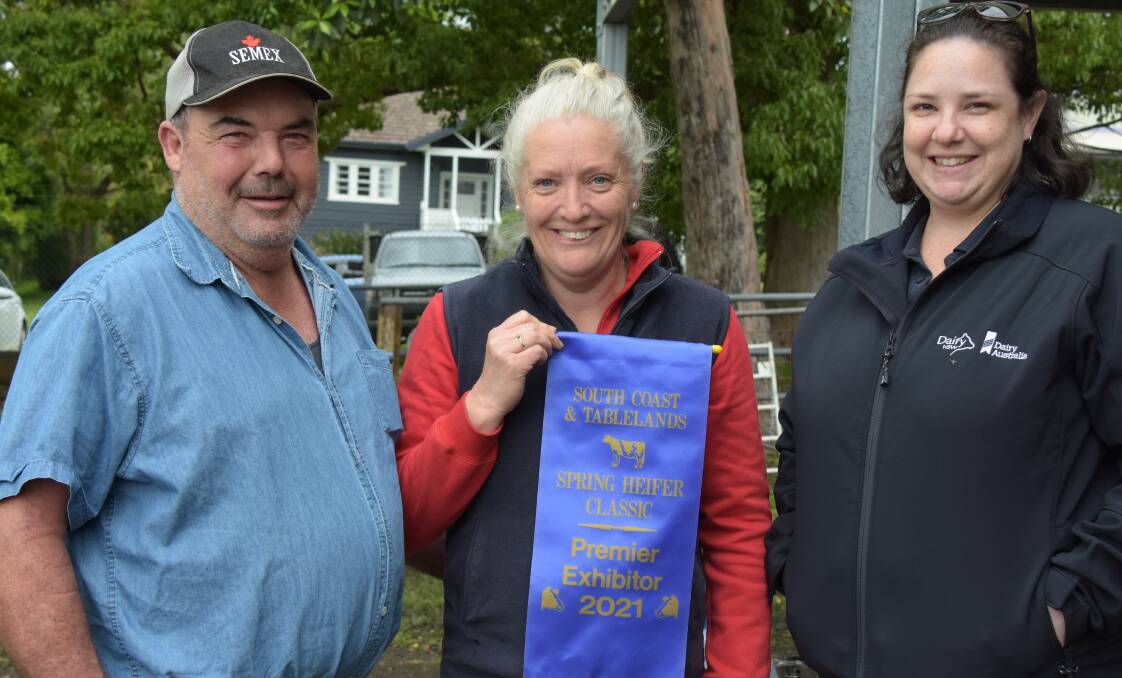 SUCCESS: Paul and Vicki Tims, of Mayfield Farm at Jaspers Brush claimed the most successful exhibitor award at the South Coast and Tablelands Holstein Association Spring Heifer Classic. They are pictured with Alicia Richters, of Dairy NSW.