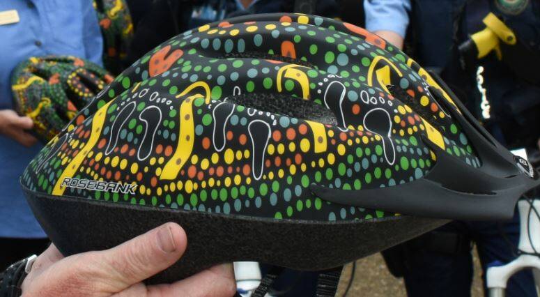 One of the stunning helmets designed by Aboriginal RMS staff member Mark Hartwig.