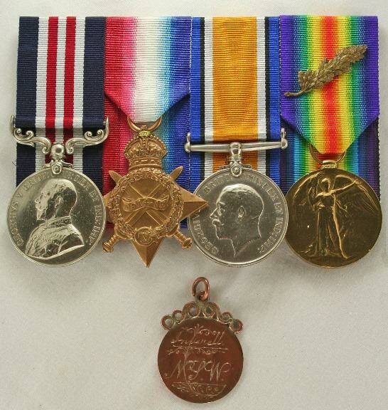 Private Raymond Benson’s medals (from left) Military Medal, 1914/15 Star, British War Medal, Victory Medal with MiD oak leaf emblem. Photo: Maryborough Military and Colonial Museum