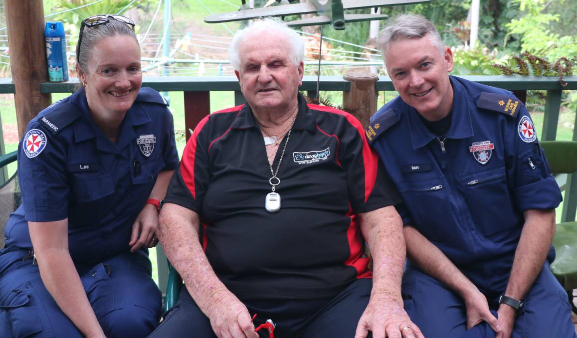 Berrara's Bob Butler with NSW Ambulance paramedics Lee Brown and Ian Donald. Photo: NSW Ambulance