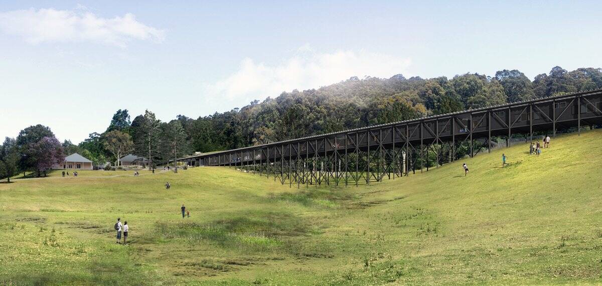 FINISHED LOOK: The bridge over the gully contains some of the visitor facilities including workshops and accommodation suites. Concept image KTA.