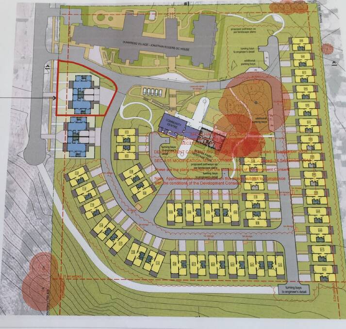 The layout of RSL LifeCares Dumaresq Village Nowra complex, with the $5 million Veterans' Wellbeing Centre in the north-western corner (red outline).
