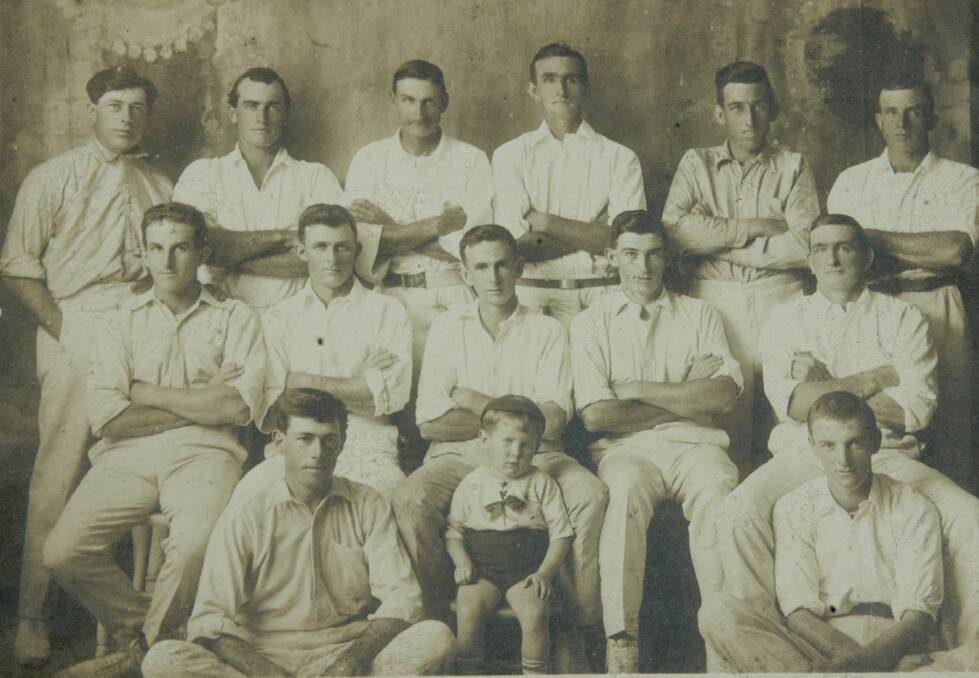 CHAMPIONS: Jim Regan (second from right back row) as a member of the 1921-22 Pyree Cricket premiers (back row) Bert Caines, Horace Watts, Dick Baxter, Morg Ryan, Jim Wilson. Centre: Toby Bice, Artie Smith, Merv Bice, J Caffrey, John Ryan. Front: Ernie Caines, J Bice, Edgar Bush. Photo: Pyree Literary Institute

