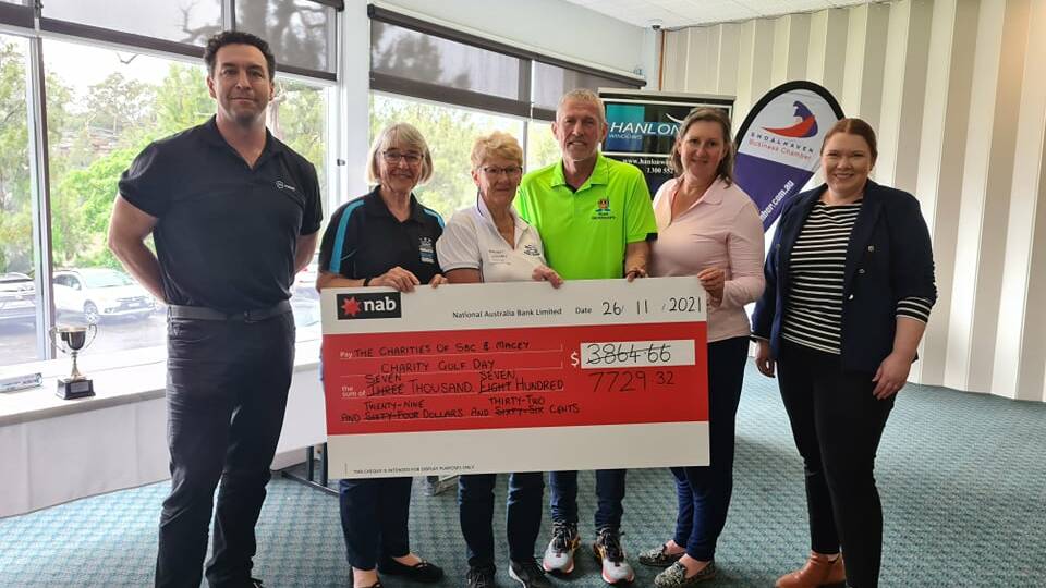 PRESENTATION: Brendan Goddard, of Macey Insurance Brokers (left), Geoff O'Connell, of Kinghorn Motor Group (centre) and Shoalhaven Business Chamber President Jemma Tribe (far right) present the proceeds of the 8th annual Shoalhaven Business Chamber and Macey Insurance Brokers Charity Golf Day to (from left) SSPAN education officer Fiona Stasiukynas, Shoalhaven Kids In Need president Margaret Goodman and Shoalhaven Education Fund treasurer Katrina Norwood.
