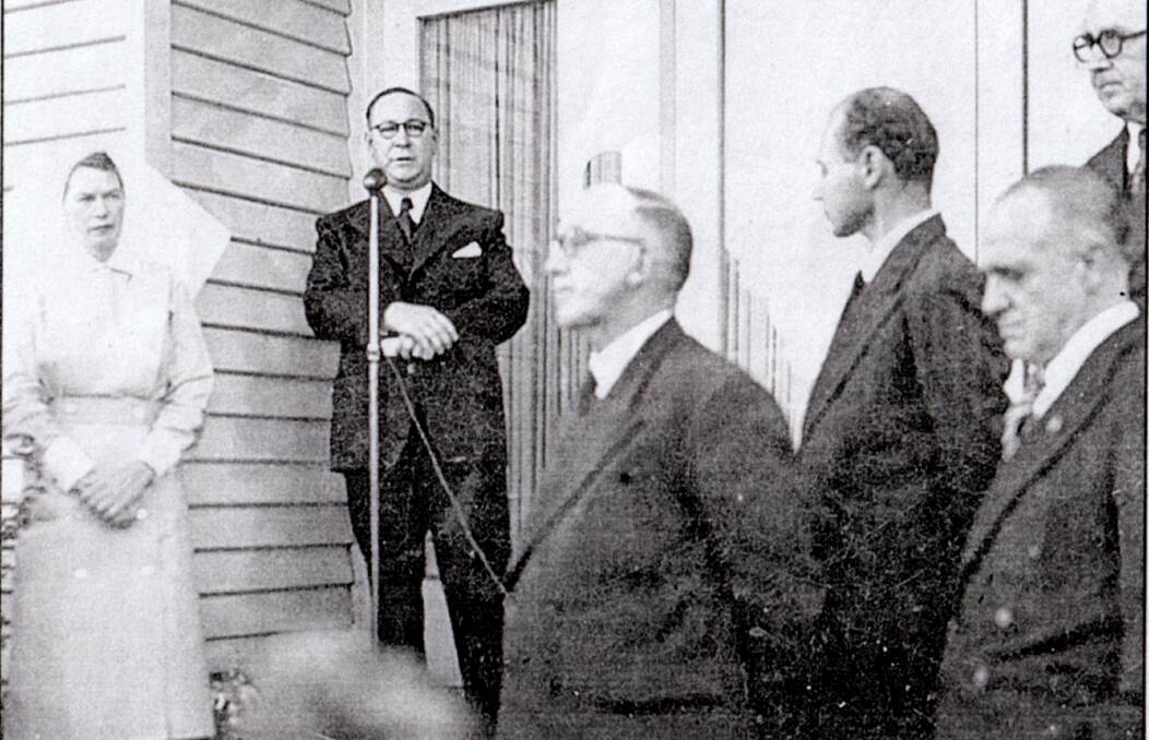 OFFICIAL OPENING: Shoalhaven Hospital Committee chairman Walter Watson addresses the gathering at the opening of the Shoalhaven District Memorial Hospital. To his right are Shire President Cr Harry Cox and Member for South Coast Jack Beale. Photo: Shoalhaven Historical Society