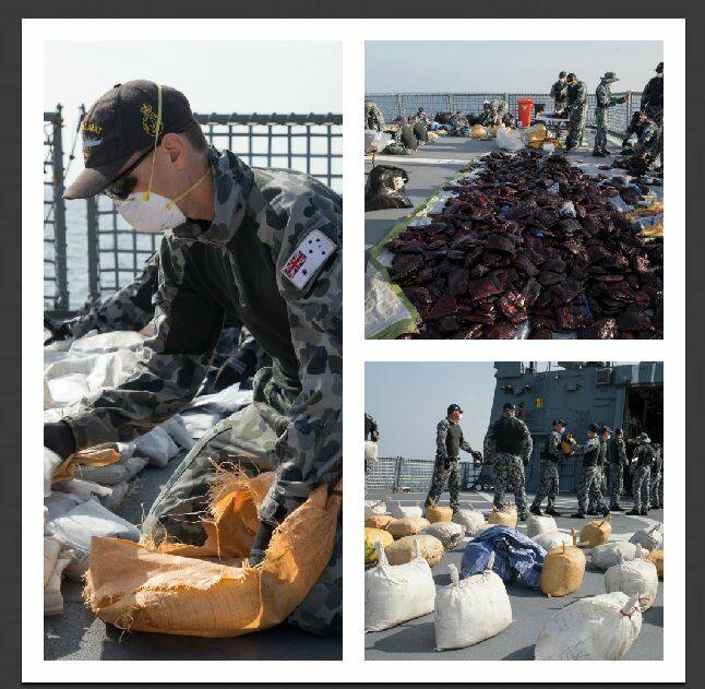 HMAS Ballarat featuring an Albatross helicopter seized 3.1 tonnes of hashish in the Arabian Sea as part of Operation  Manitou. Photos: Bradley Darvill