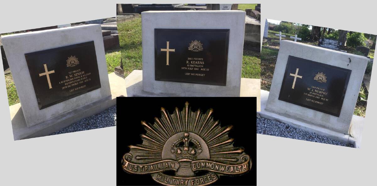 RESPECT: The graves of Nowra World War I veterans (from left) Privates Robert William Senior, Robert Kearns and William John Murphy have been given proper grave sites by Commonwealth War Graves through the efforts of the Keith Payne VC Veterans Benefit Group.