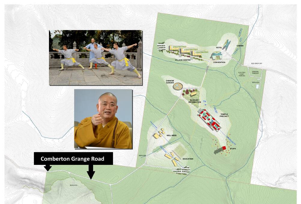 A preliminary concept plan of the layout of the Shaolin Temple Project at Falls Creek. Inset: Top - Kung Fu demonstrations will be undertaken at the temple - below -  Shaolin Abbot, Shi Yongxin.