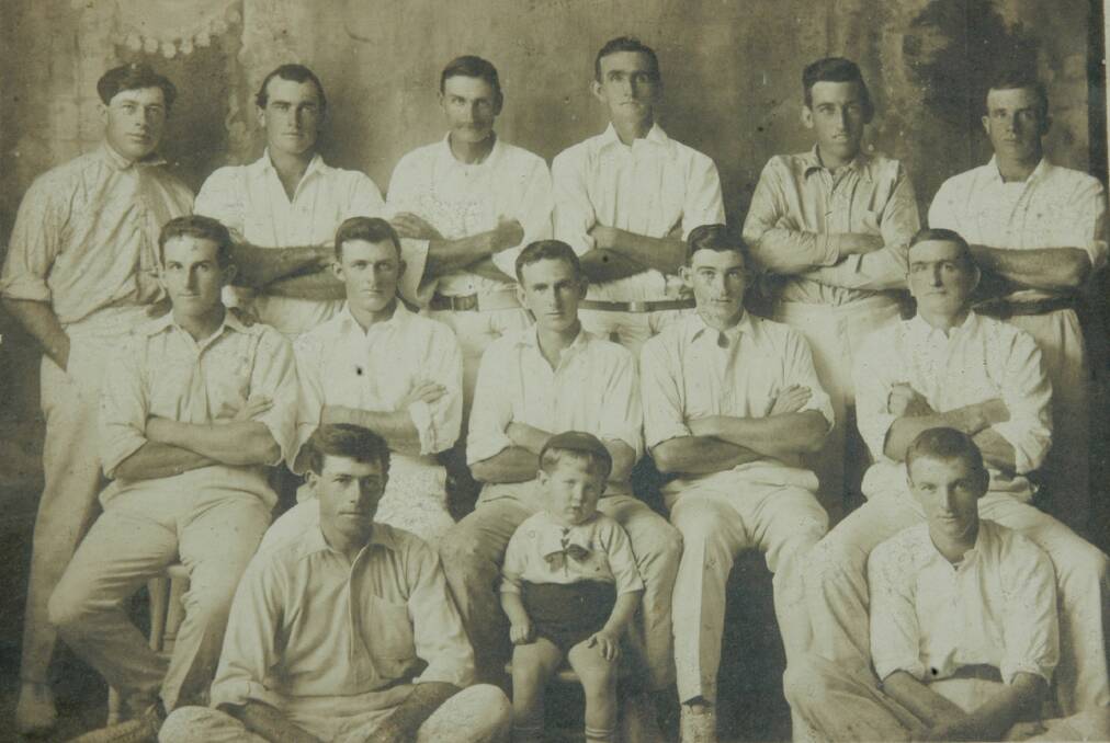 Jim Wilson (back row far right) as a member of the 1921-22 Pyree Cricket premiers (back trow) B Caines, H Watts, R Baxter, M Ryan, J Regan. Centre: A Bice, A Smith, M Bice, J Caffrey, J Ryan. Front: E Caines, J Bice, E Bush.
