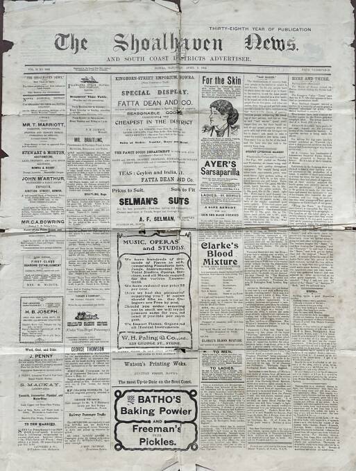 HISTORY: A copy of the Shoalhaven News from Saturday, April 9, 1904. The paper boasted being a journal of news, politics, farming, and general literature. Photo: Shoalhaven Historical Society