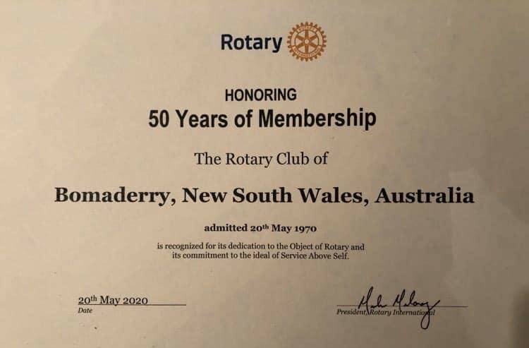 The certificate celebrating Bomaderry Rotary Club's 50th anniversary.