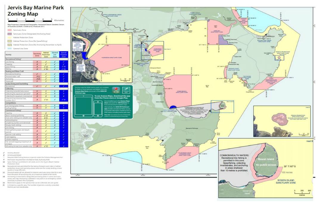 The Jervis Bay Marin Park sanctuary zones and what is permitted in each area and  the now marked zone around Bowen Island (bottom right) 