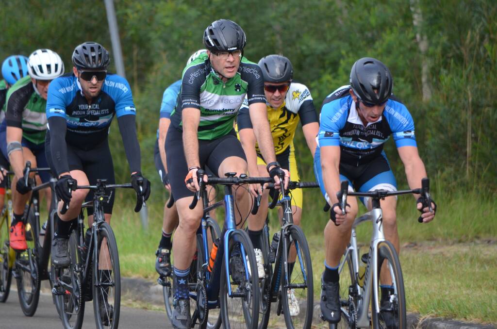 ON THE FRONT: Mark Astley and Mark Williams lead the Nowra Velo Clubs Division One event at the Albatross Aviation Technology Park on Sunday.