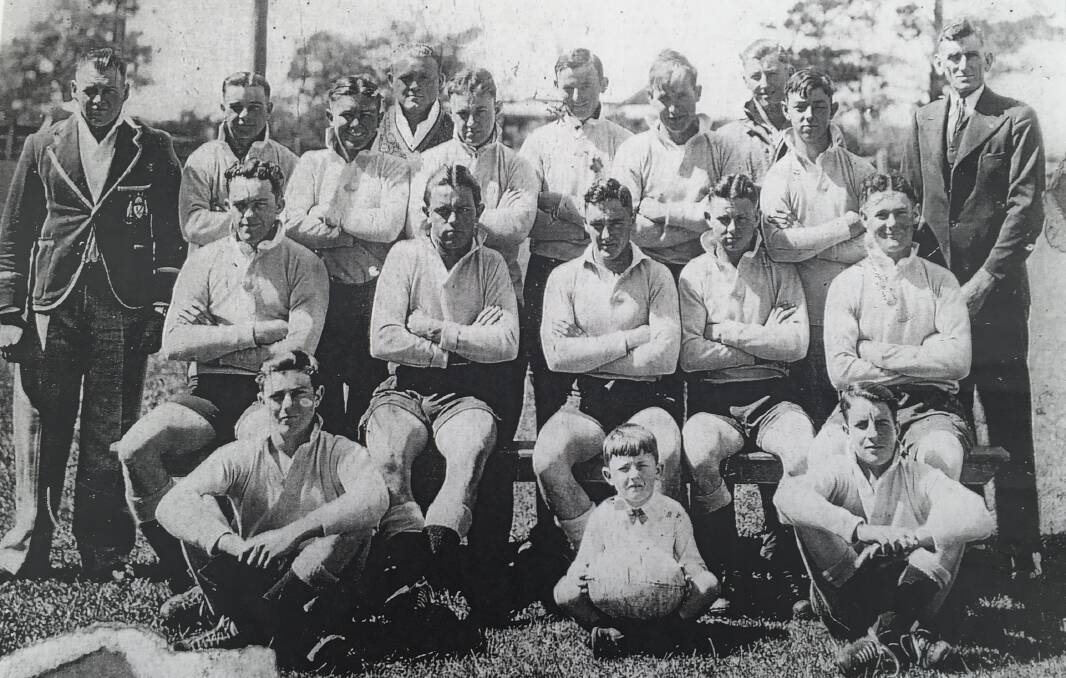 The Pyree Rovers of 1938 that features Geoff Carter's uncle Les Blanch (back from left) Lewis McKane (coach) Harry McGuire, Snow McGuire, Les Blanch, Albert (Paddy) Murphy, ?, ?, Pete Murphy, Alan Murphy, Harry Regan. Middle row: Gordon Woods, Ted McGuire, Vince Murphy, ?, W Fletcher. Front row: Ted Regan, ?? Regan (ball boy), Doug McClelland. Photo: Laurie Carter

