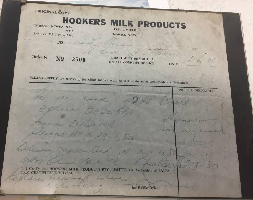 HISTORY: One of Rons prized possessions, an account from June 1973, even before he started at the business, for Hookers Milk Products at Bolong, which would later go on to be the giant Manildra operation.It was when Keith Norris ran the business from 12 East Street, Nowra, and was to rewind a 20 horse power Brooks motor. The business still does work for Manildra today.
