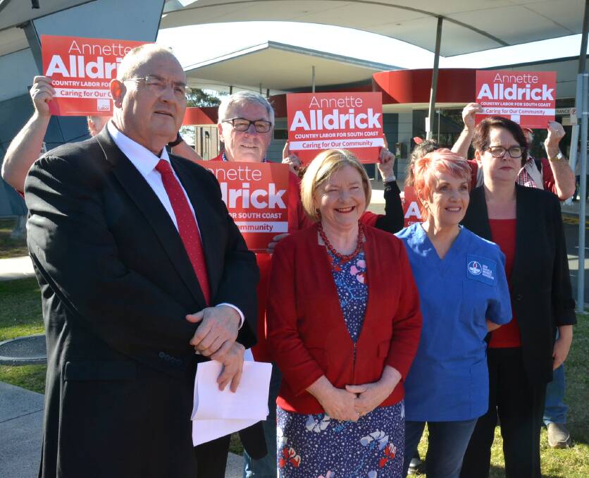 Annette Alldrick (centre) has been announced as Labor’s candidate for the state seat of South Coast. Shadow health minister Walt Secord and shadow environment minister Penny Sharpe (far right) announced her candidature at Shoalhaven Hospital on Monday.