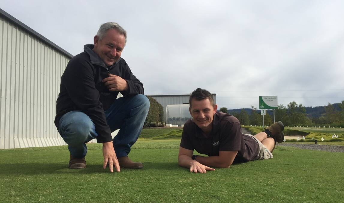 WORLD FIRST: TOP TURF: Lawn Solutions Australia managing director Gavin Rogers (left) and commercial and research development manager Joe Rogers with the TifTuf turf that has become the first turf grass in the world to receive the Smart Approved WaterMark.