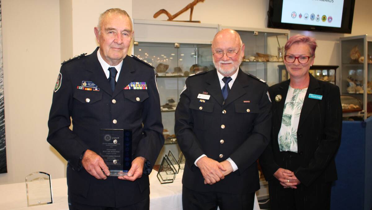 RECOGNITION: The Shoalhaven Officer of the Year (volunteer category) was NSW Rural Fire Service's Ronald (John) Ashton (left) who was congratulated by SESCA Ambassador Dr Peter Taylor and Shoalhaven Mayor Amanda Findley