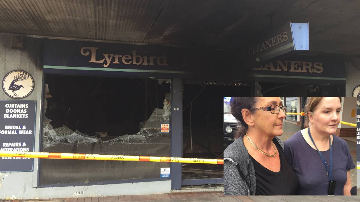 FIRE: The damaged Lyrebird Dry Cleaners in Kinghorne Street, Nowra. Inset: Long-time staff Lisa Etheridge and Vicki Lowbridge are set rise from the ashes and launch Shoalhaven Dry Cleaners. 