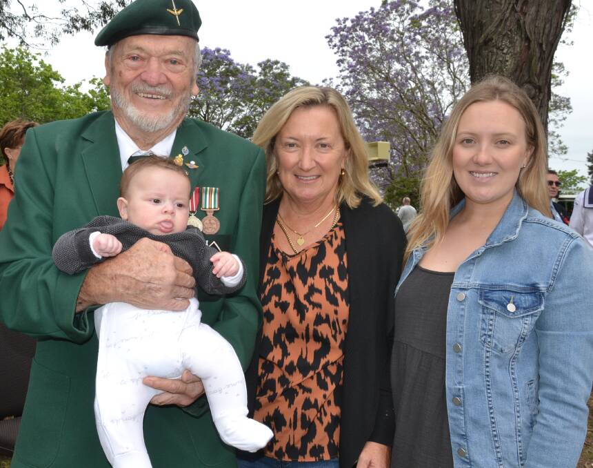 SPECIAL MEETING: It was a special day for legendary local bugler Peter Williams, who got to meet his great grandson,three-month-old Sebastian, for the first time. Peter is proudly nursing Sebastian with his daughter Sandra Shume and granddaughter Samanth Sluiter, who made the trip from Sydney to see him play the Last Post and Reveille as part of the Remembrance Day service.