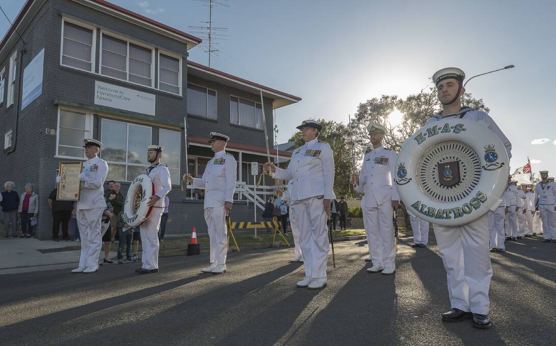 Commanding Officer HMAS Creswell, Captain Charles Huxtable (third from left) and Commanding Officer HMAS Albatross, Captain Fiona Sneath (fourth from left), jointly challenge the City of Shoalhaven for the right to Freedom of Entry to Nowra. Photo: Shane Cameron