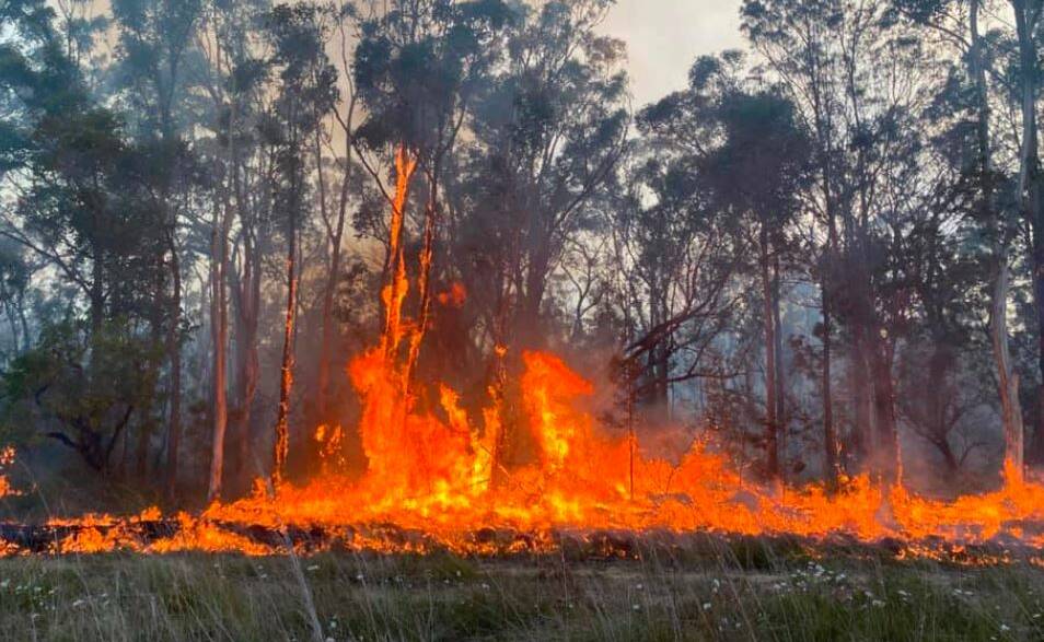 ON FIRE: Fire, whipped up by strong westerly winds, burnt out 29 hectares of bushland at West Nowra at the weekend. Photo: Basin View RFS