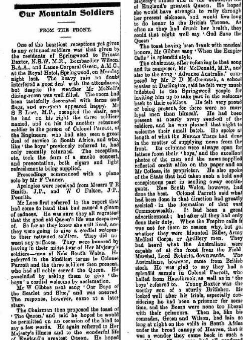A newspaper article from the Nepean Times (Penrith), January 26, 1901 entitled Our Mountain Soldiers, in which Charles Wilson is mentioned is available on Trove.
