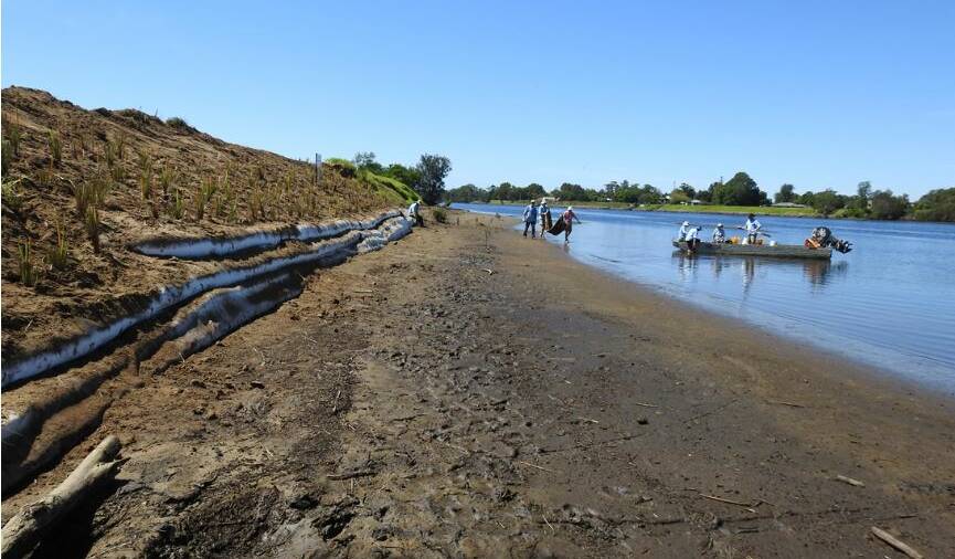 The finished work of geo fabric sand sausage installed on Pig Island by Shoalhaven Riverwatch volunteers.