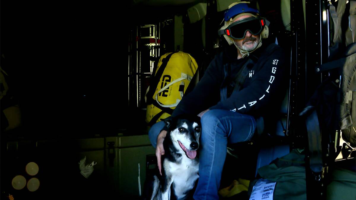 RESCUE: Above and below - Candy the dog sits in a the navy MRH-90 Taipan with his owner after being rescued during the ADF search and rescue support during Operation NSW Flood Assist.Photo: Defence