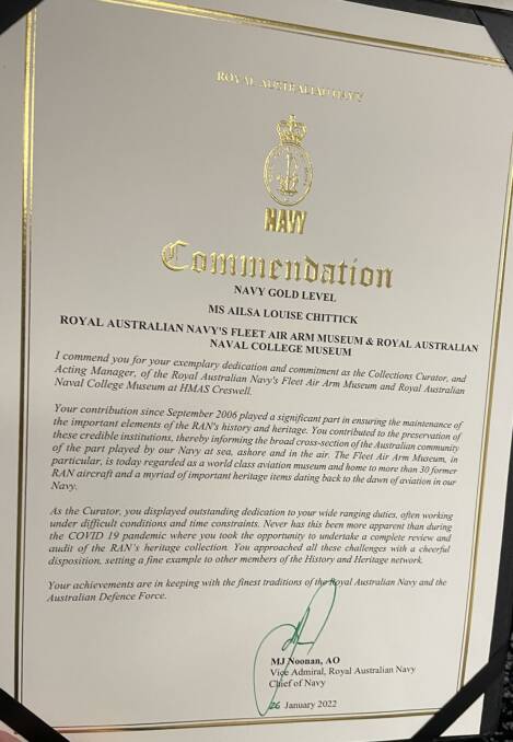 HONOUR: Ailsa Chiticks Gold Navy Commendation from Chief of Navy, Vice Admiral Michael Noonan.
