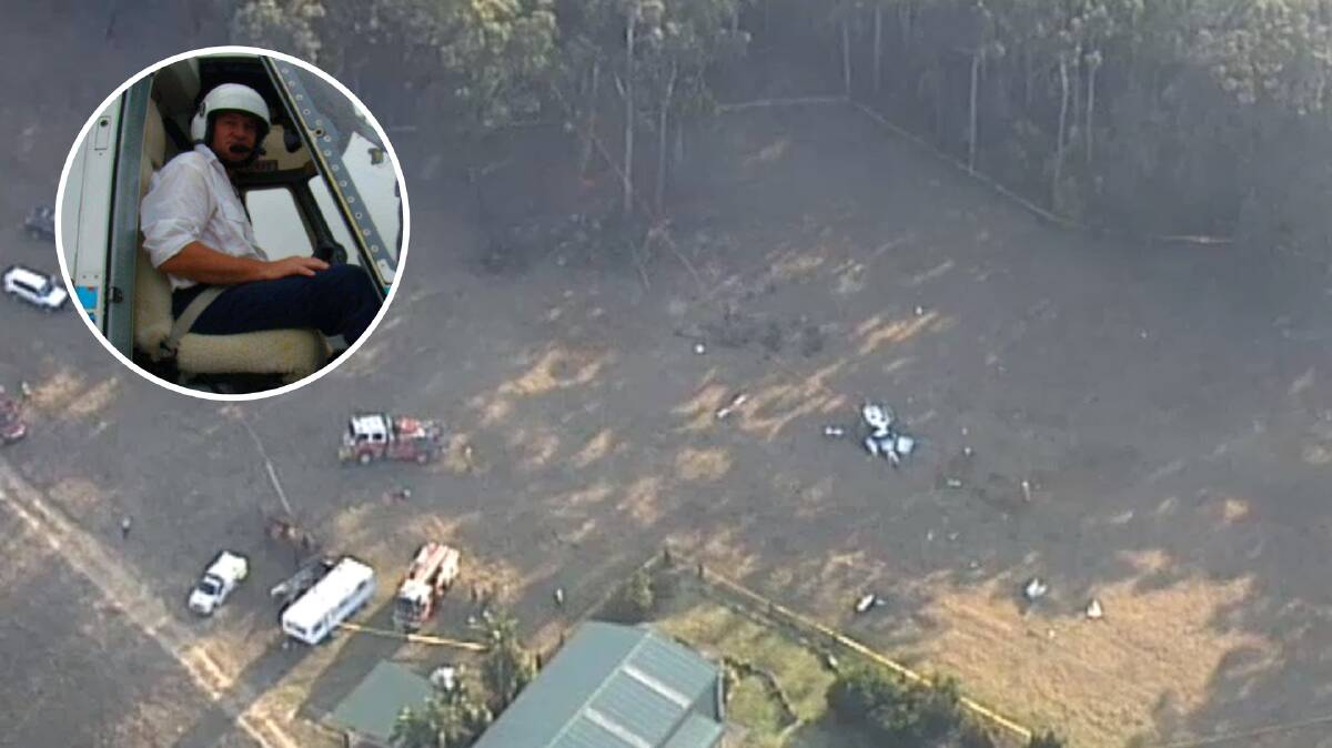The crash scene at Woodstock, near Ulladulla, which killed pilot Allan Tull (inset). Screen grab: ABC TV