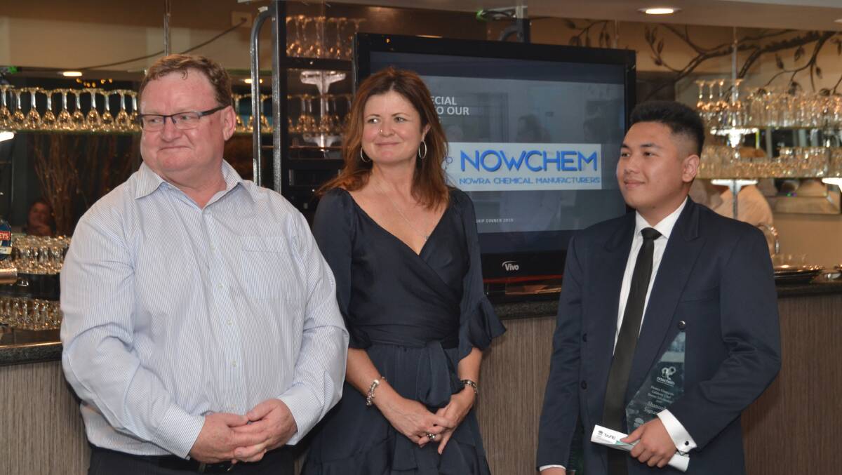 NowChem managing director John Lamont, TAFE NSW head teacher Jeanne Parker and winner of the Nowra Chemicals Scholarship for Events Shanonh Signavong. 