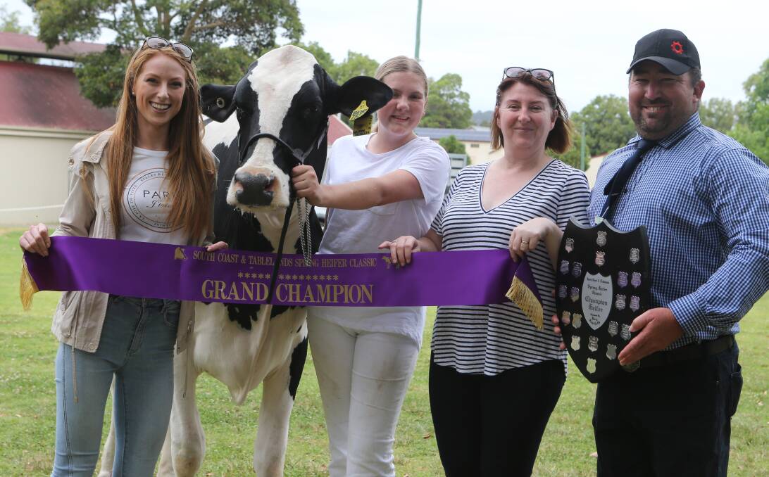 The Herne Russell entry Boscawen Solomon Hezbollah was grand champion at the South Coast and Tablelands Holstein Association Spring Heifer Classic. Leader Georgia Herne receives the championship ribbon and shield from Emma Cochrane and Jacqui Crapp and judge Rocky Allen.