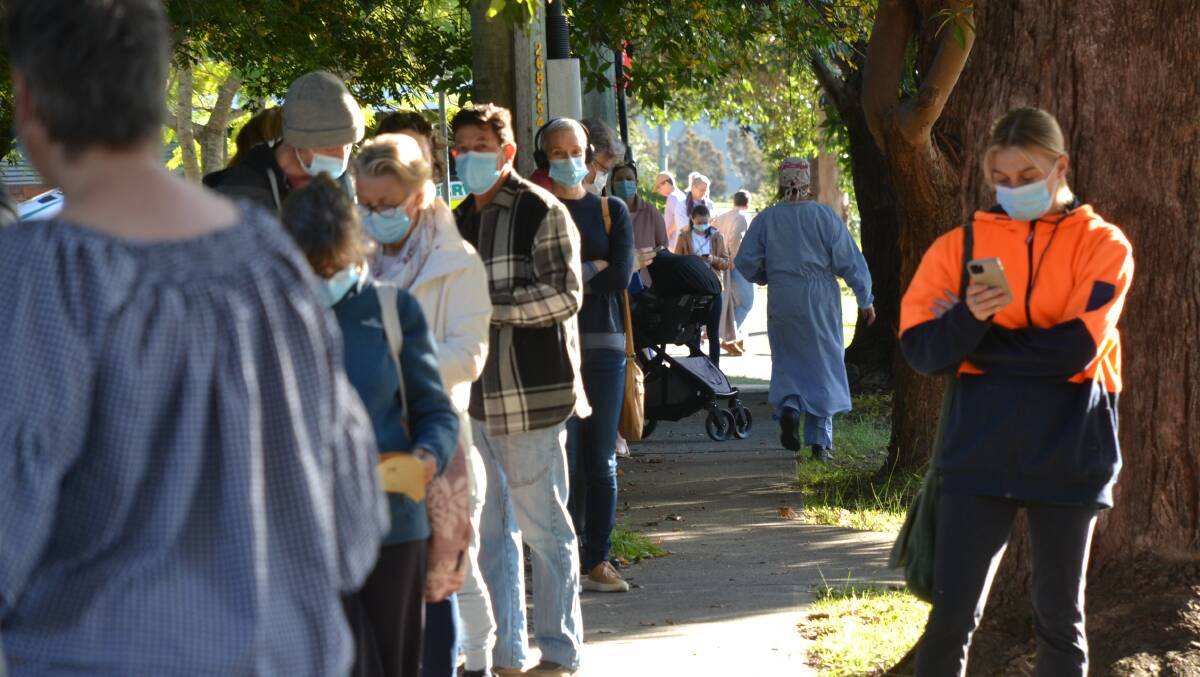 WAITING: There were long queues at Shoalhaven District Hospital's COVID testing site yesterday.
