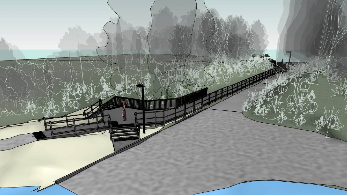 PLAN: 3D perspective on the proposed upgraded to improve access and safety for visitors to Murrays Beach in Booderee National Park. The new boardwalk will include new fencing, ramps, steps and lighting, and will extend from Murrays Beach car park down to the boat ramp and jetty. Image supplied