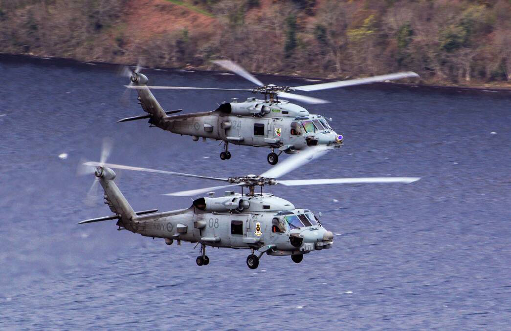 Two Royal Australian Navy MH-60R Seahawks (816 Squadron) fly over Loch Ness in Scotland on one final sortie, at the close of Exercise Joint Warrior 18. Photo: Stewart Marshall & Chris Melaisi - AirSpeed Photography 
