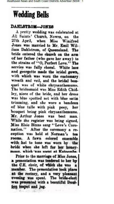 The Shoalhaven News and South Coast Advertiser coverage of Emil Dahlstrom's marriage to Winfred Ada Jones, at the All Saint's Nowra in 1929.