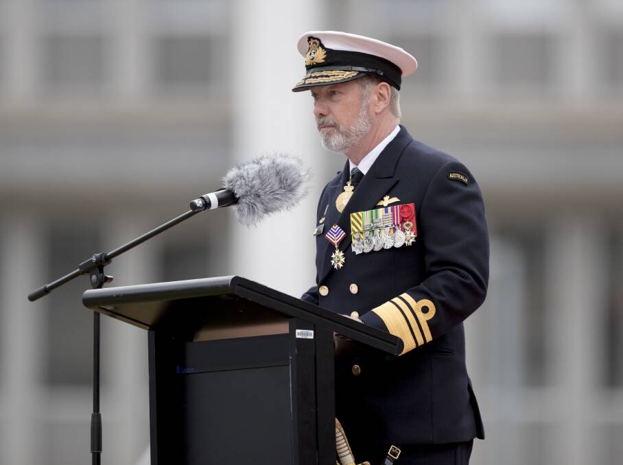 Outgoing Chief of Navy Vice Admiral Tim Barrett, delivers his farewell address during the change of command parade at Russell Offices, Canberra. Photo: Jay Cronan