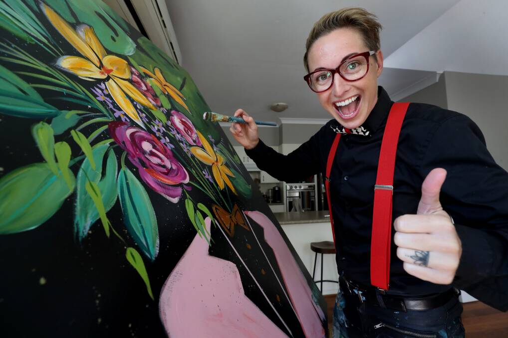 NEVER GIVE UP: Sarah Rowan can't wear skinny jeans because they make her hips hurt, she can no longer run and sometimes has to alter the way she paints because of having rheumatoid arthritis. But the artist is glad to be alive and hasn't given up on her dreams. Picture: Robert Peet