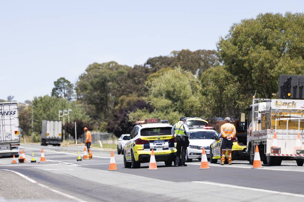 Police on the Monaro Highway south of Canberra after a fatal crash last Thursday. Picture: Keegan Carroll