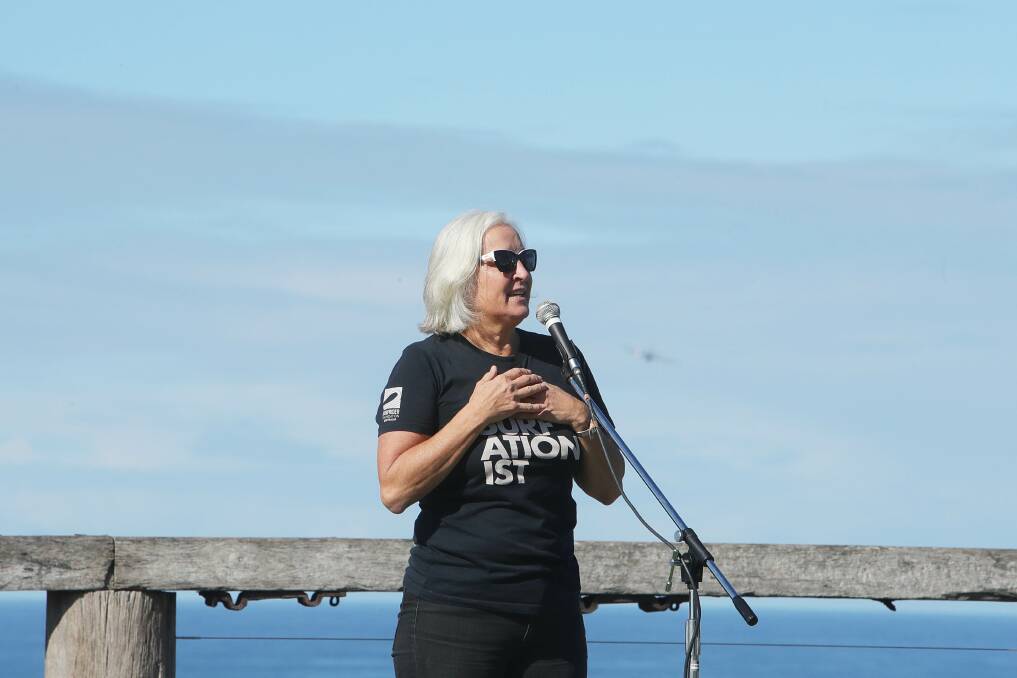 Susie Crick speaks at the celebration at Killalea (The Farm) on Sunday, for the handing over of the management of Killalea State Park to NSW National Parks and Wildlife Service. Picture: Sylvia Liber