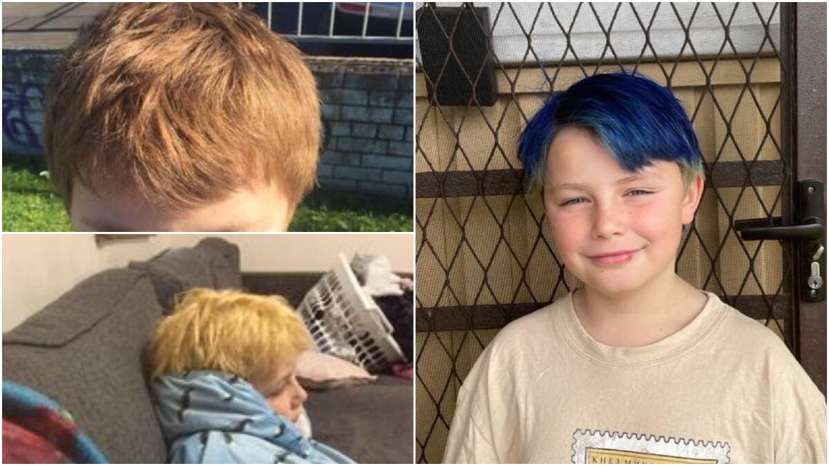 Unanderra's Justice Green, 9, really wanted to turn his hair rainbow coloured but his mum convinced him to start with one colour. Above left, the colour his hair was, bottom left the orangey blonde needed to make the blue pop, and right a happy result. Pictures: Supplied