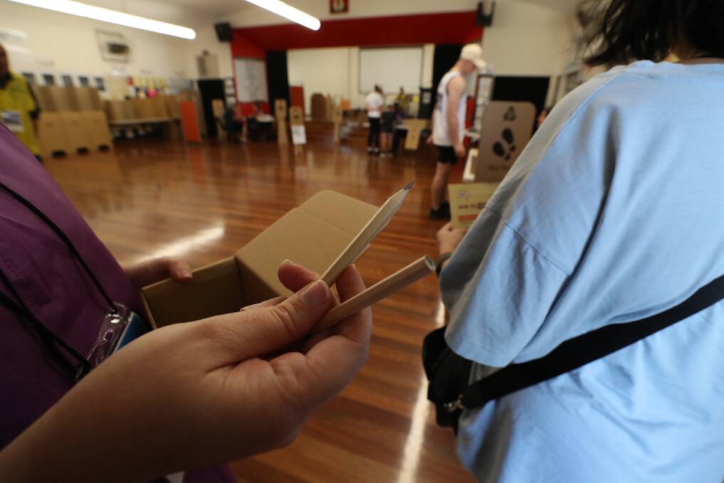 People voting at Port Kembla Public School's polling station in The Voice referendum on Saturday October 14. Picture by Robert Peet