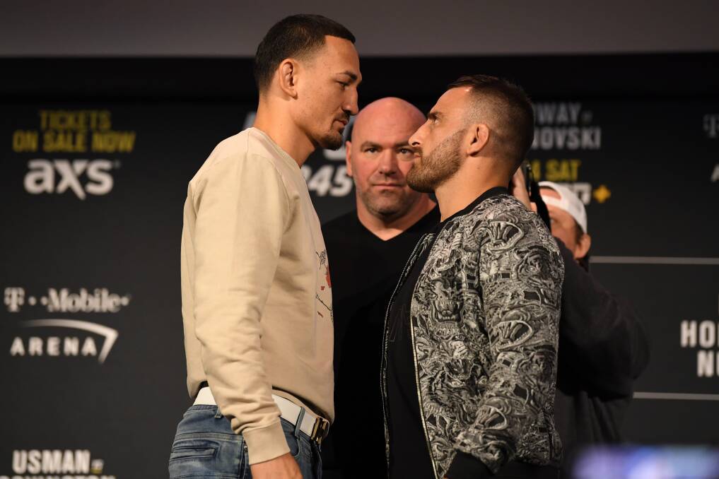 Max Holloway and Alex Volkanovski go face to face. Photo: UFC