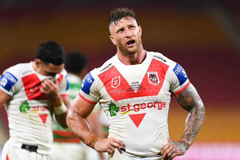 Gerringong's Tariq Sims 200-game milestone proved a forgettable one with the Dragons hammered 50-14 by the Rabbitohs on Sunday night. Photo: Handout/NRL Photos