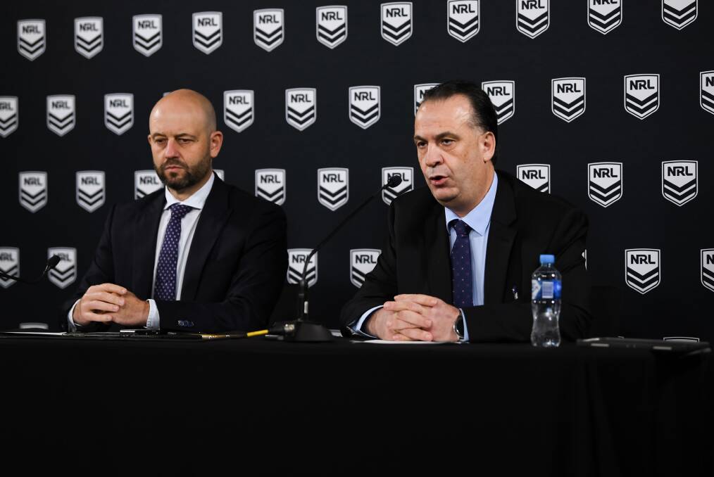 NRL CEO Todd Greenberg and ARLC chairman Peter Vlandys front the media on Sunday. Photo: NRL Photos