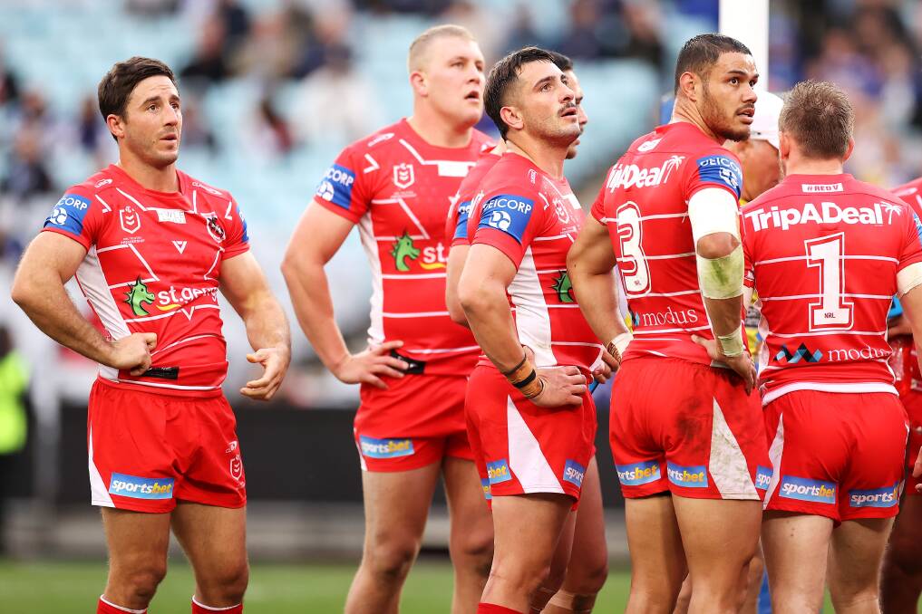 St George Illawarra players after conceding a try on Monday. Photo: Dragons Media