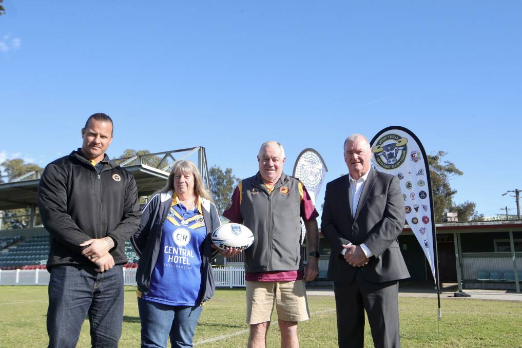 Welcome: Group Seven operations manager Ashton Sims with Sharon Clark (Warilla Gorillas)
Gary Staples (Shellharbour Sharks) and St George Illawarra chairman Craig Young. Picture: Sylvia Liber