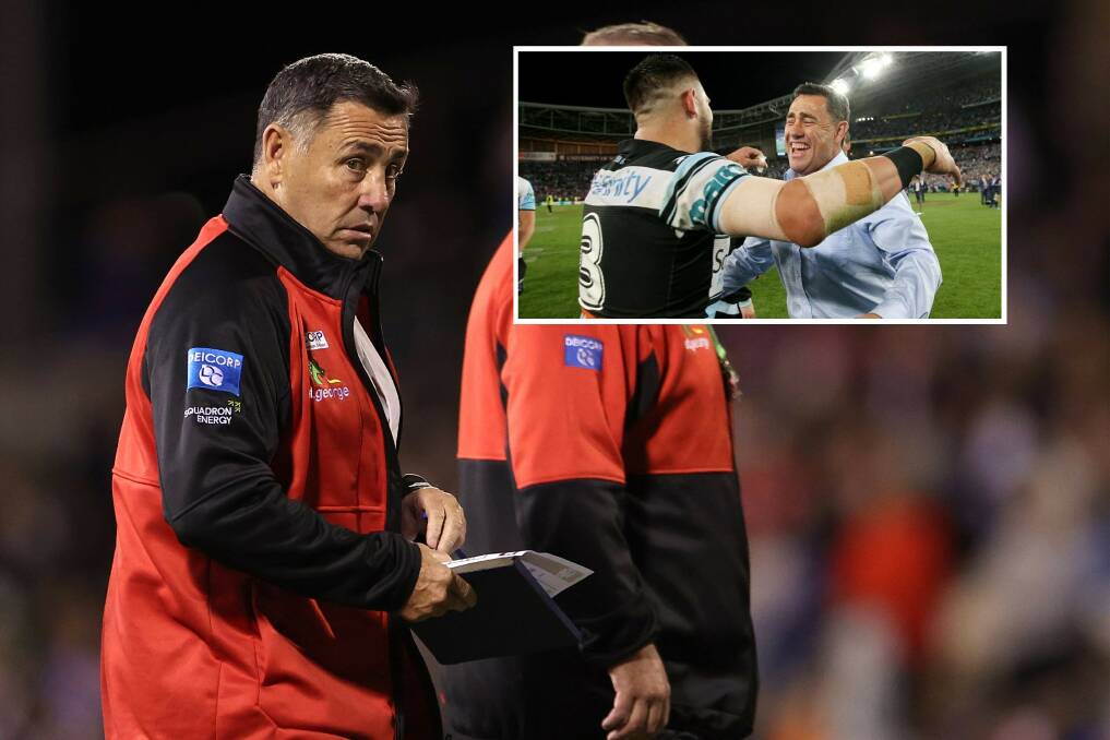 Dragons coach Shane Flanagan will face Cronulla for the first time on Sunday in what will be fellow former Shark Jack Bird's (inset) 150th NRL game. Pictures Getty Images